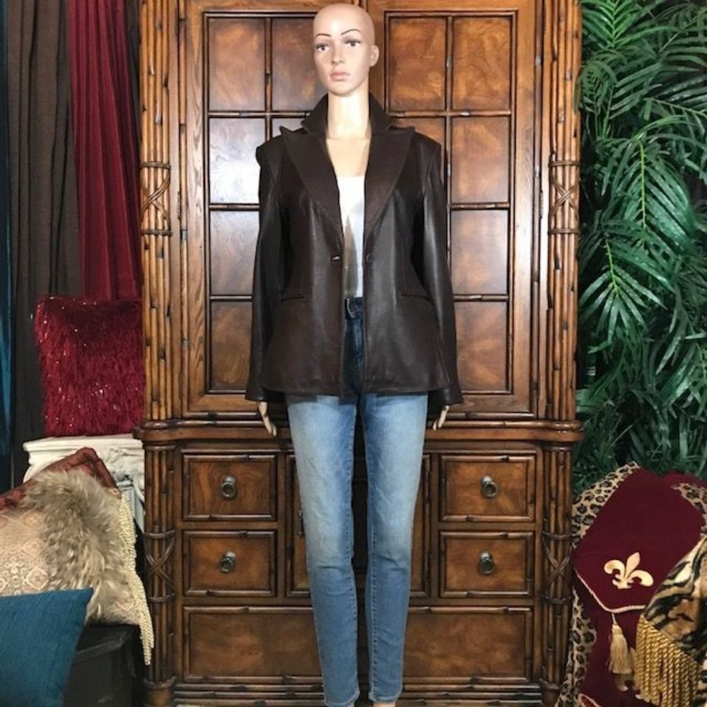 Anne Klein Genuine Lambskin Leather Couture Cocoa Wide Lapel Blazer - Picture 4 of 13